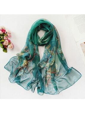 Dark Green Floral Fashion Scarf - Women's Chiffon Printed Silk Soft Fashion Wrap
